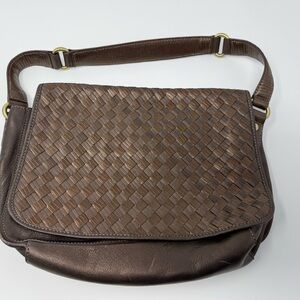 Vintage 2000s Cole Haan Leather Shoulder Bag Woven Flap Metallic Bronze
